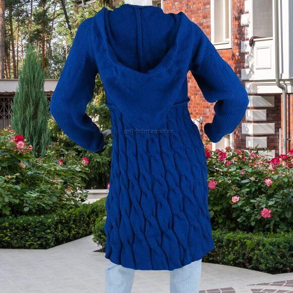 Indigo Cable Knit Hooded Sweater Dress Coat S - Picture 6 of 11